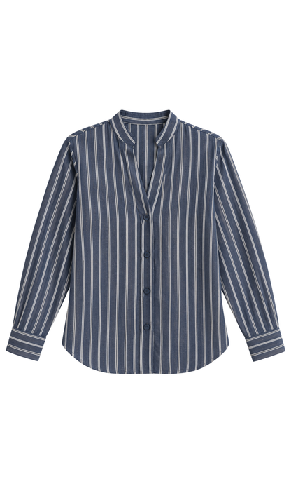 Navy Pinstripe Mandarin-Collar Shirt