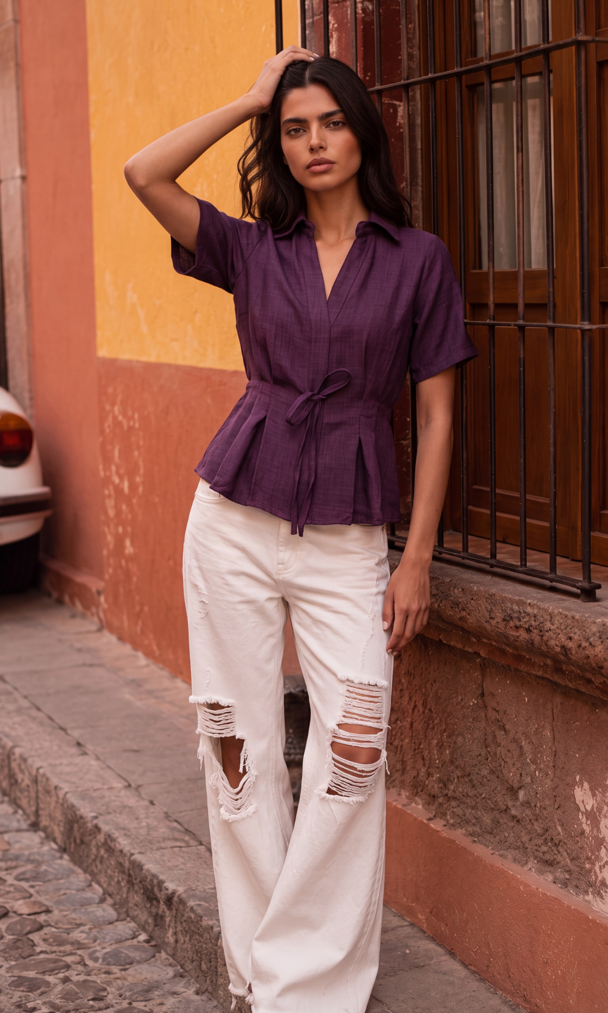 Wine Textured Tie-Waist Top