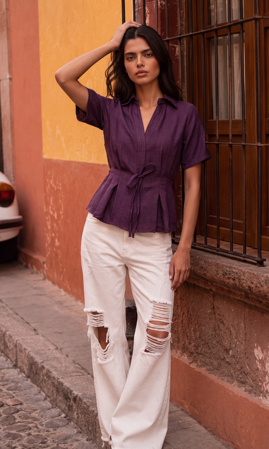 Wine Textured Tie-Waist Top