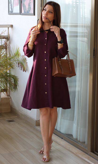 Burgundy Metallic Buttoned Shirt Dress