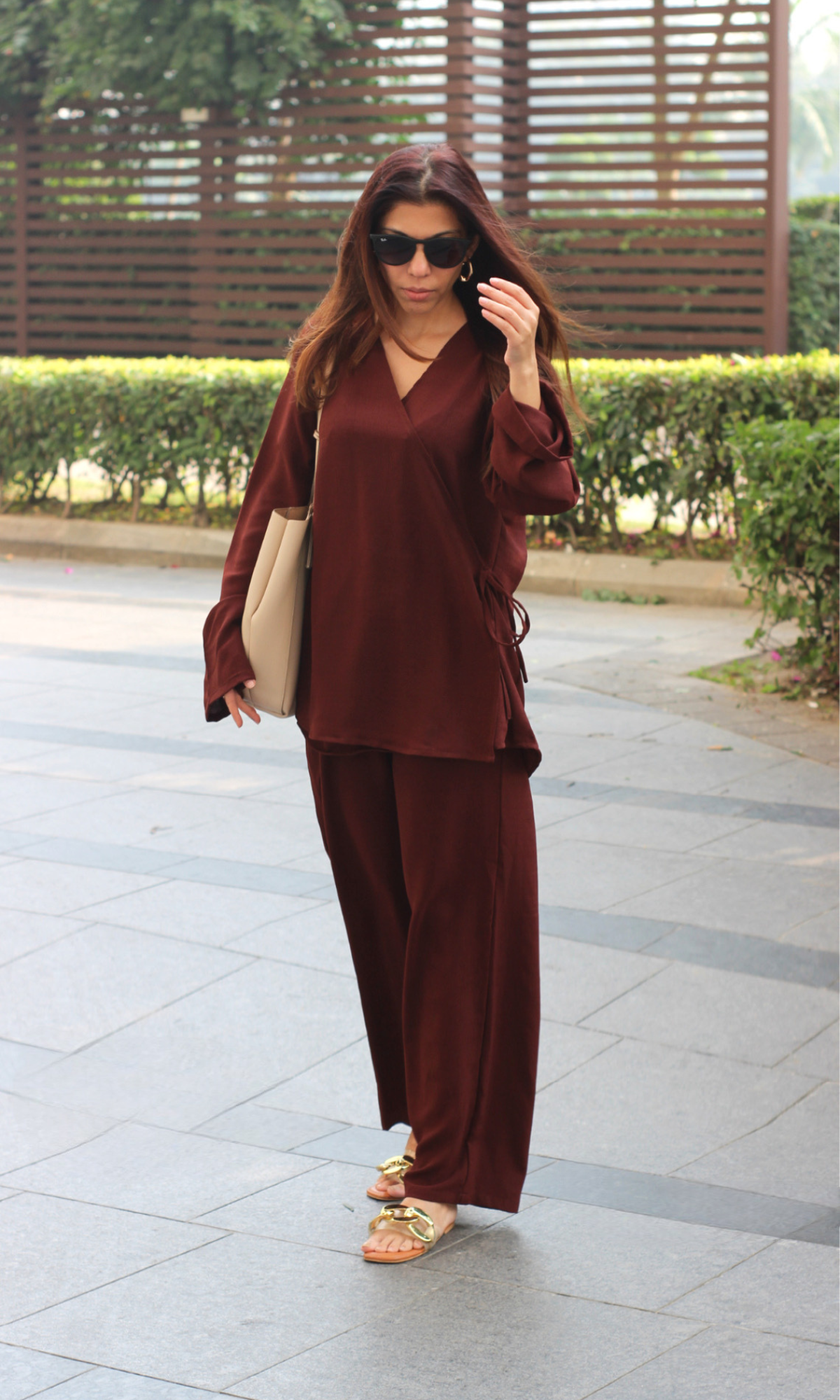 Brown Textured Tie Detail Kimono Top with Pants Co-ord