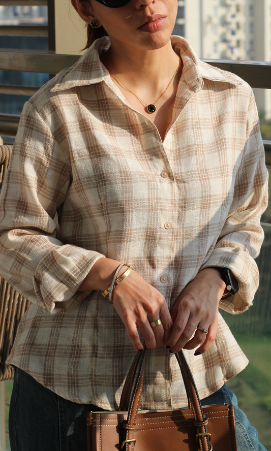Beige-Cream Checked Peplum Shirt