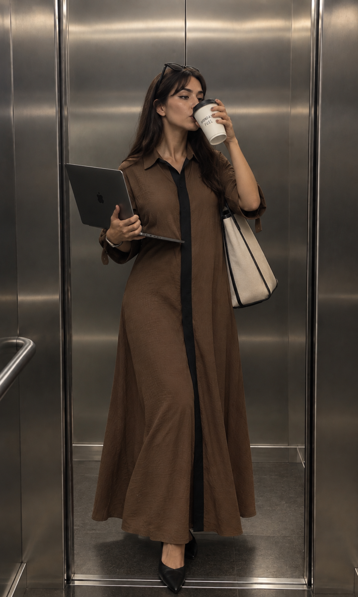 Mocha Contrast Placket Maxi Dress
