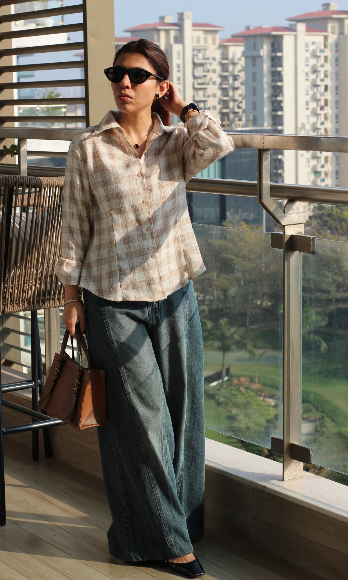 Beige-Cream Checked Peplum Shirt