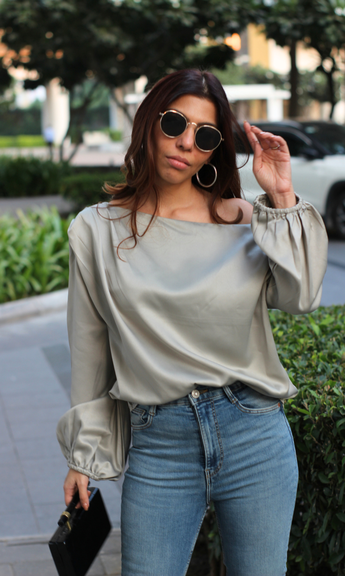 Fossil Grey Balloon Sleeved One Shoulder Top