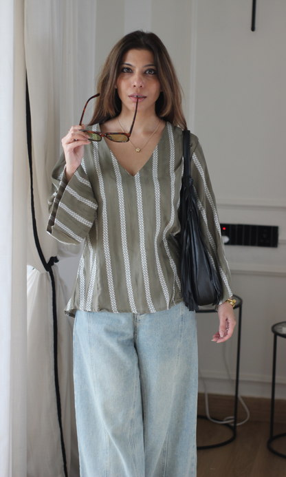 Olive Woven Border Stripe V-Neck Top