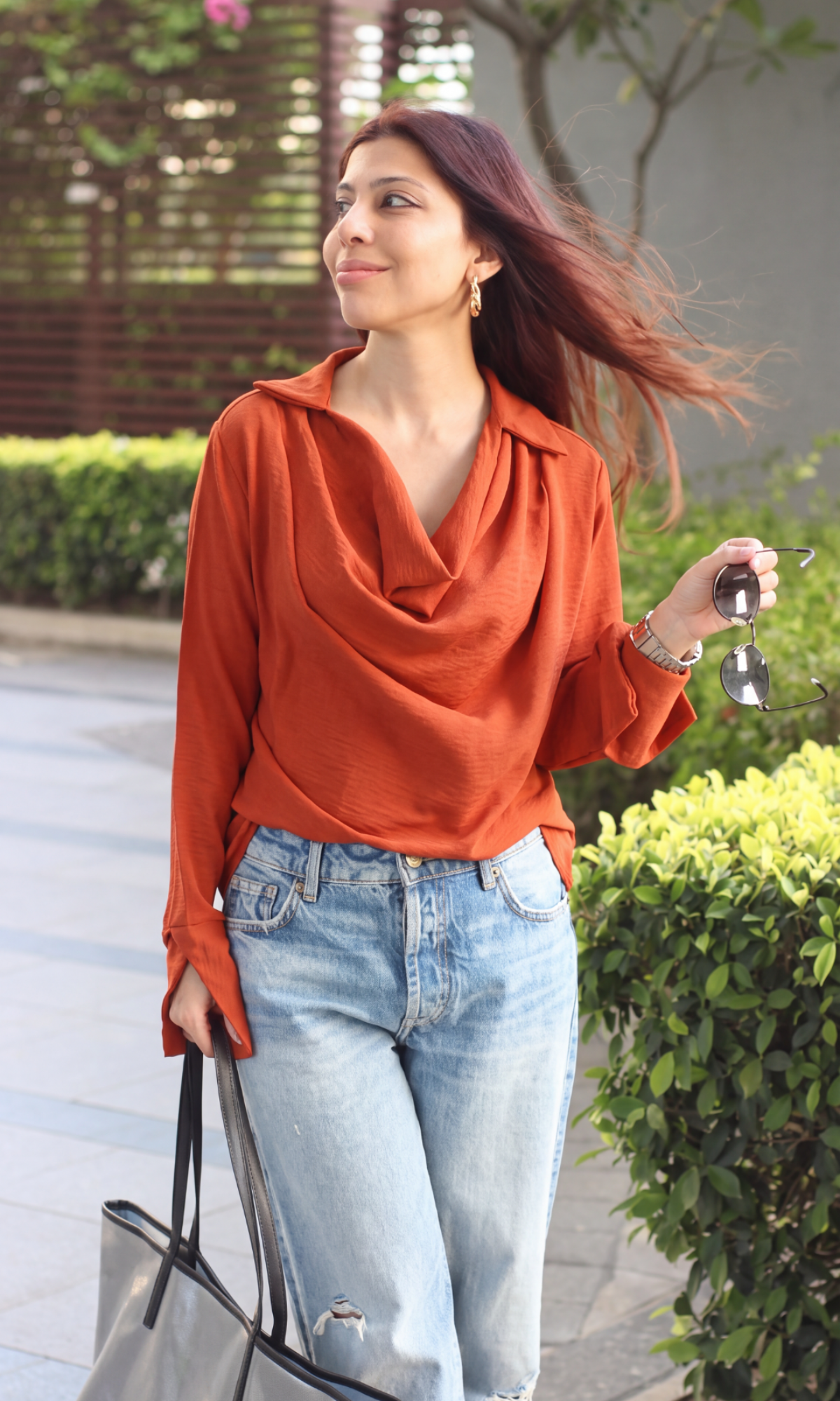 Terracotta Collared Cowl-Neck Top