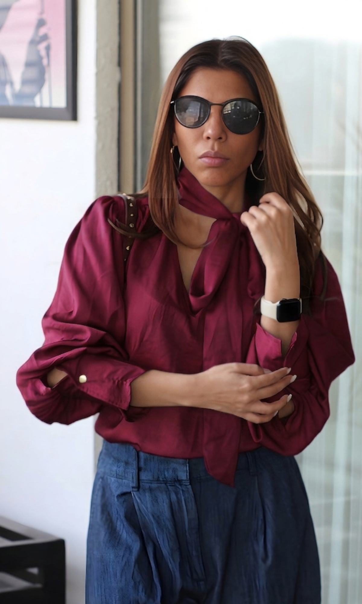 Maroon Neck Tie Detail Top