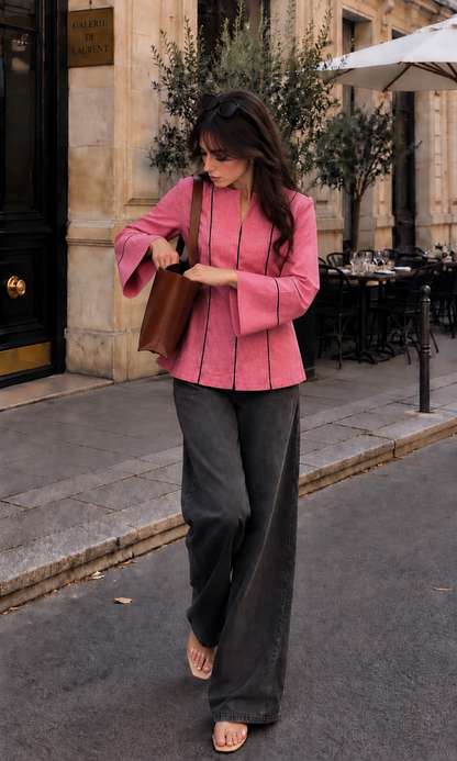 Contrast-Piped Sunset Coral Blouse