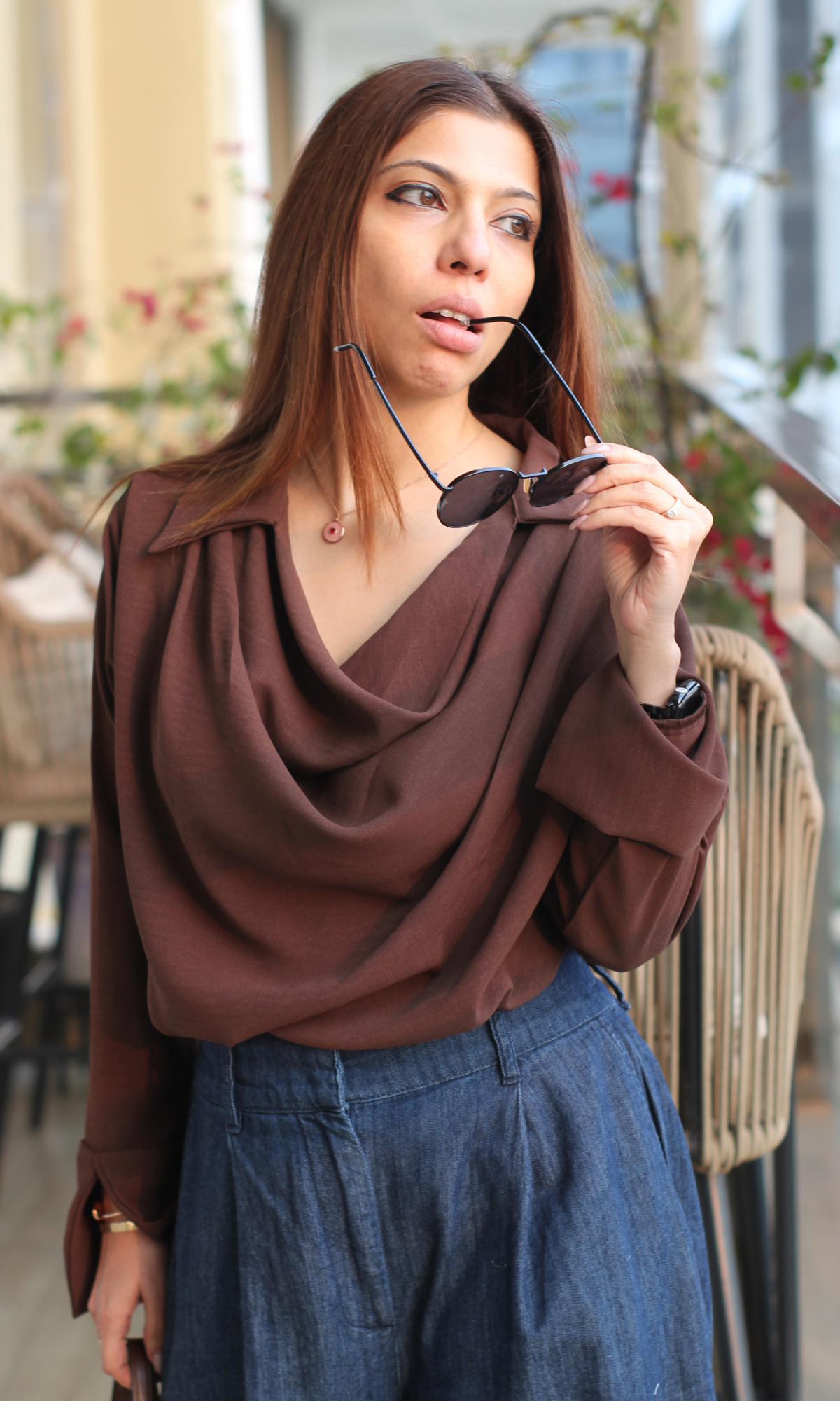 Dark Brown Collared Cowl Neck Top