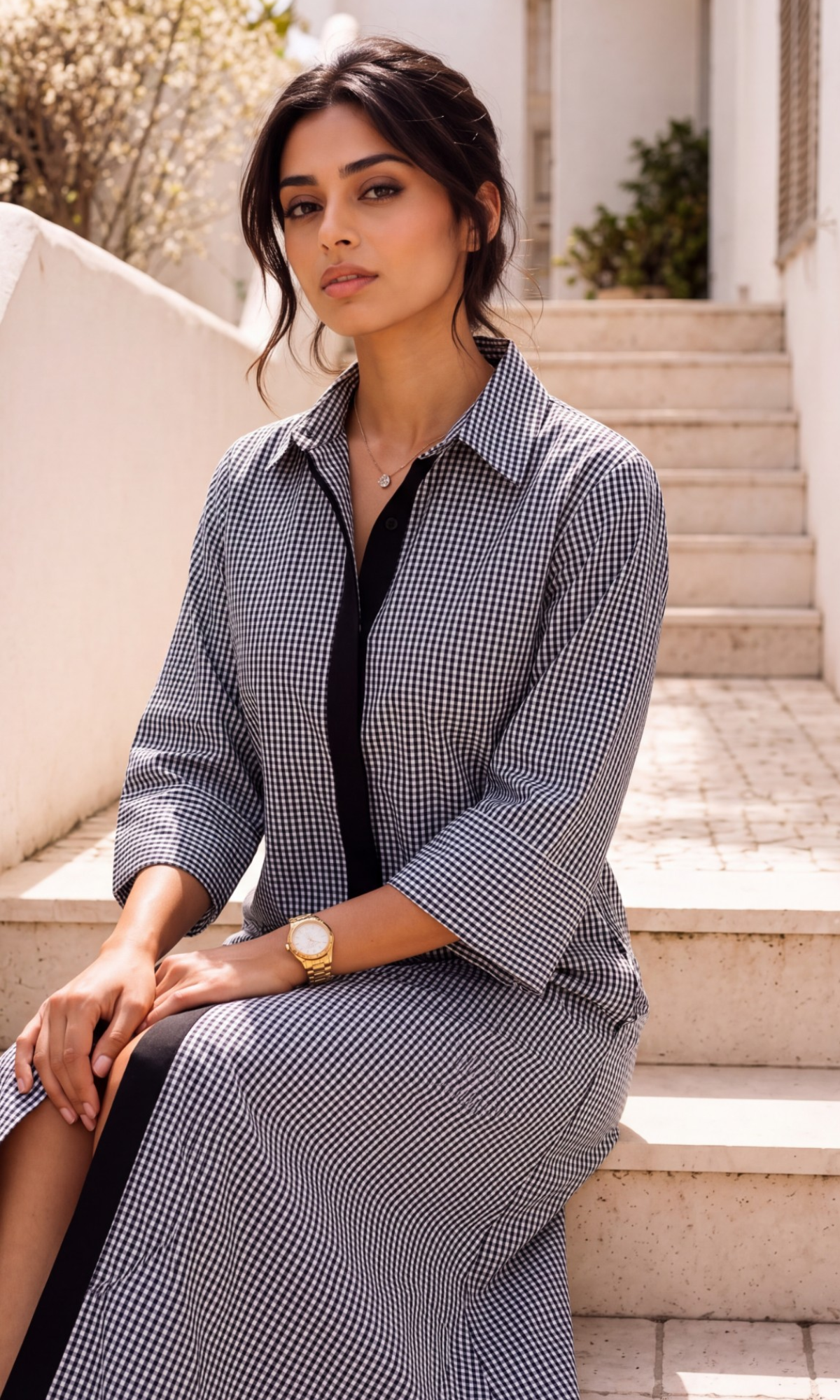 Black Check Contrast Shirt Dress