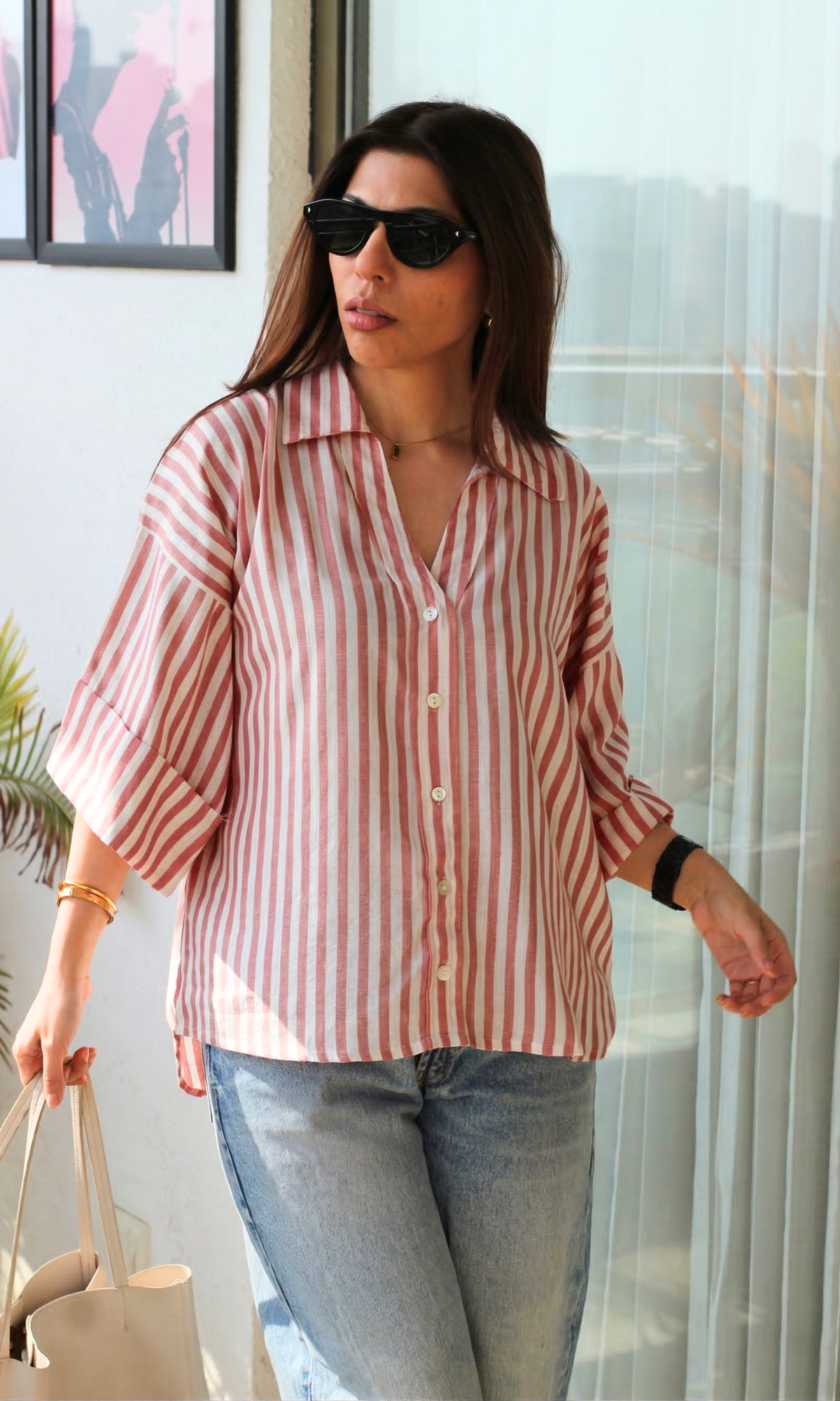 Coral-White Lurex Loose Shirt