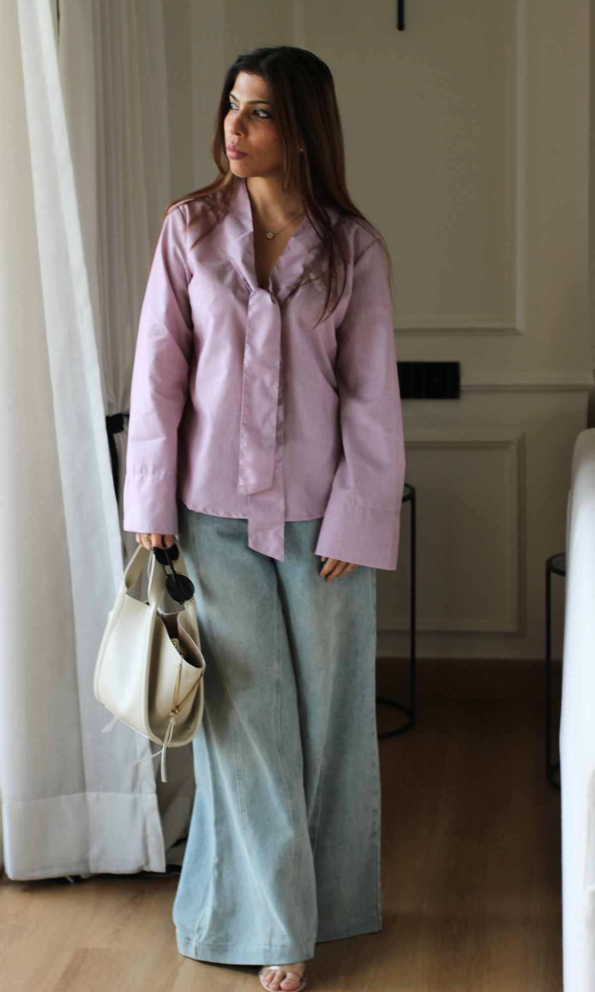 Rose Striped Tie-Neck Flared Sleeve Top