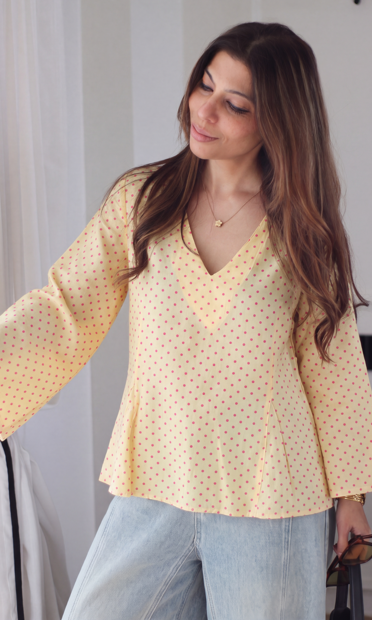 Yellow Polka Dot V-Neck  Top