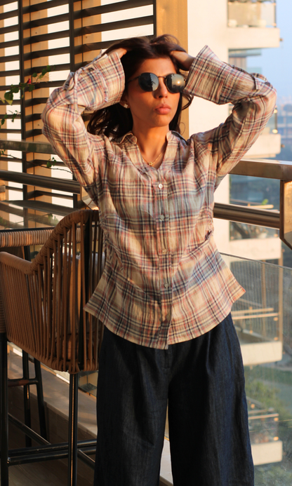 Blue-Blush Check String Detail Cotton Shirt