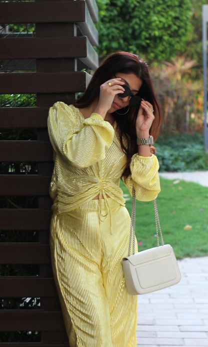 Lemon Pleated Shimmer Sleeved Top and Flared Pants