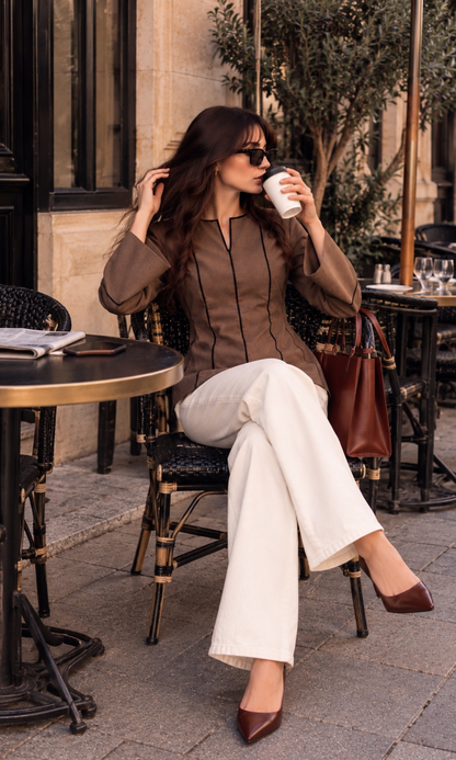 Contrast-Piped Mocha Blouse