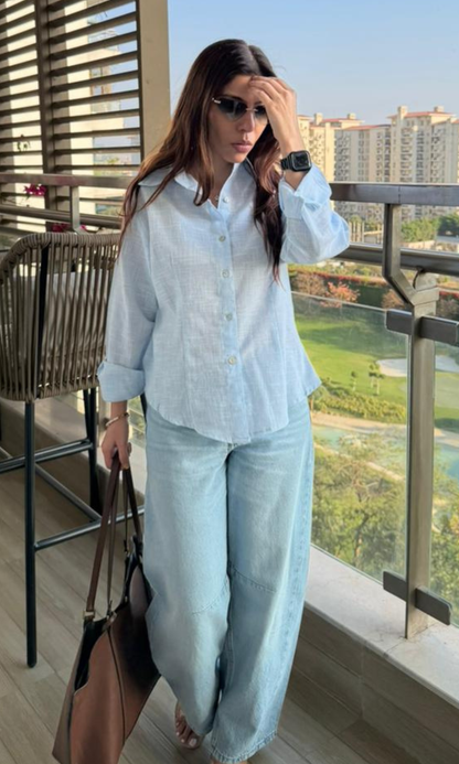 Sky Micro-Check Peplum Shirt