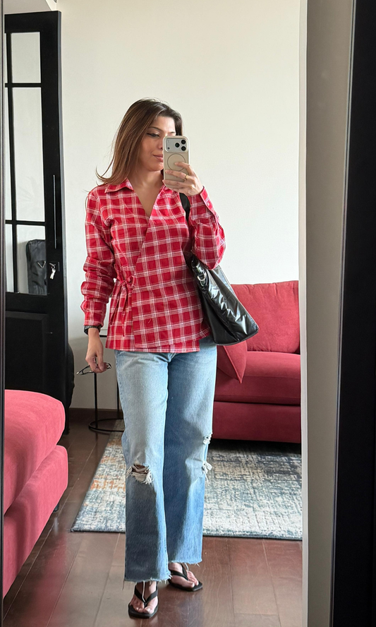 Red Block Check Kimono