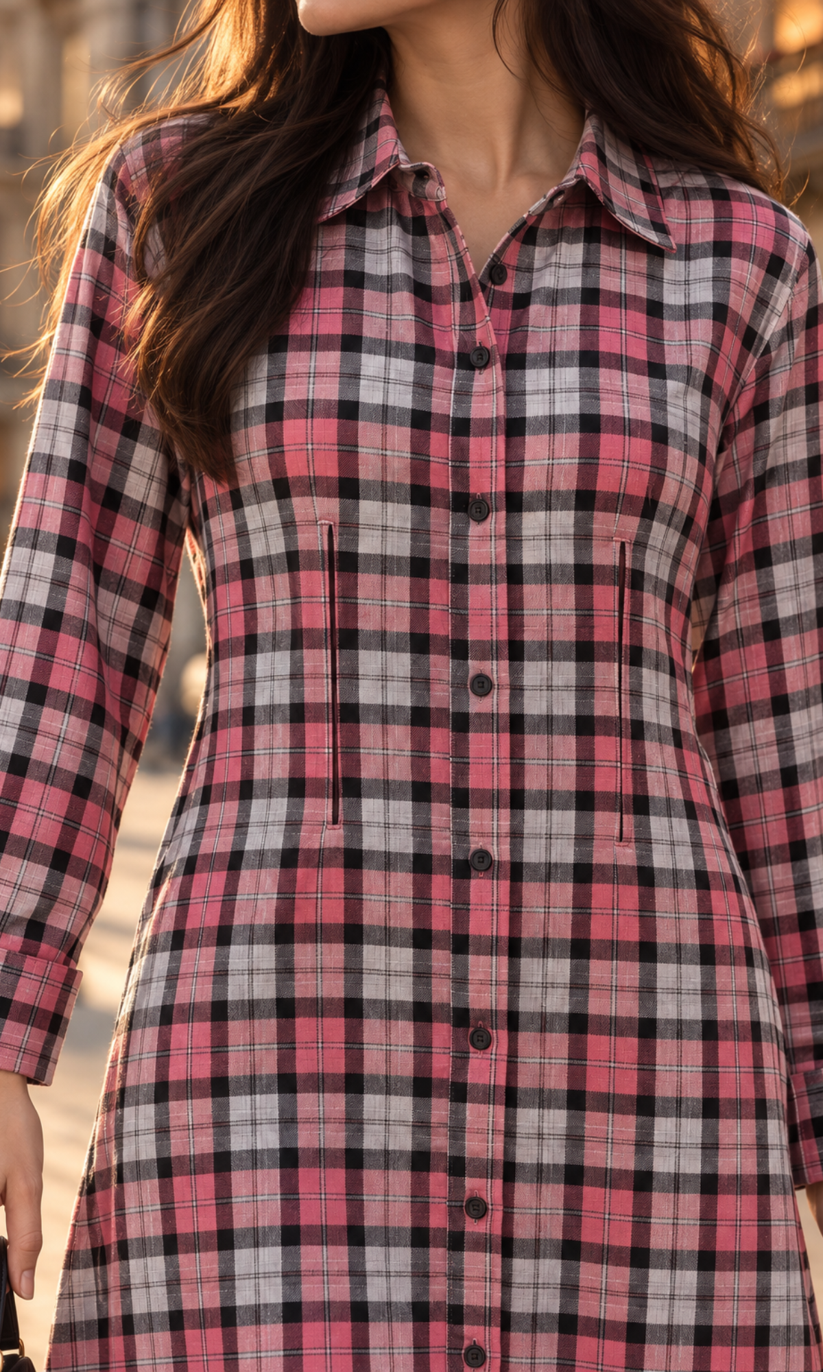 Salmon & Cocoa Check Corset Shirt Dress