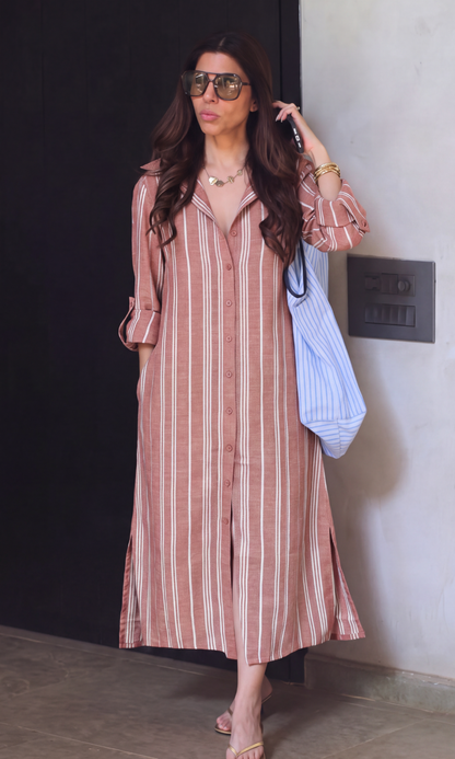 Cinnamon Stripe Maxi Shirt Dress