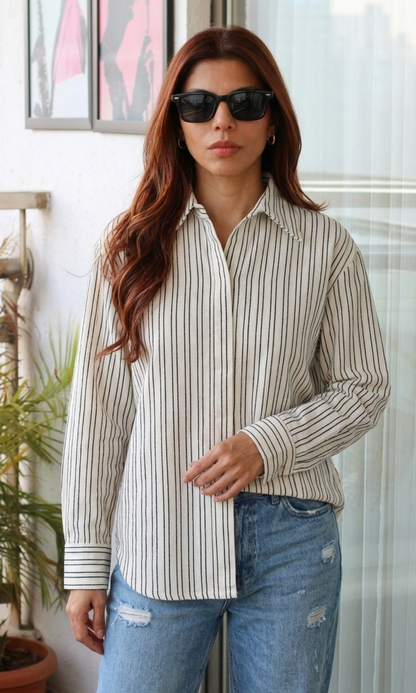 White Black Linear Textured Shirt