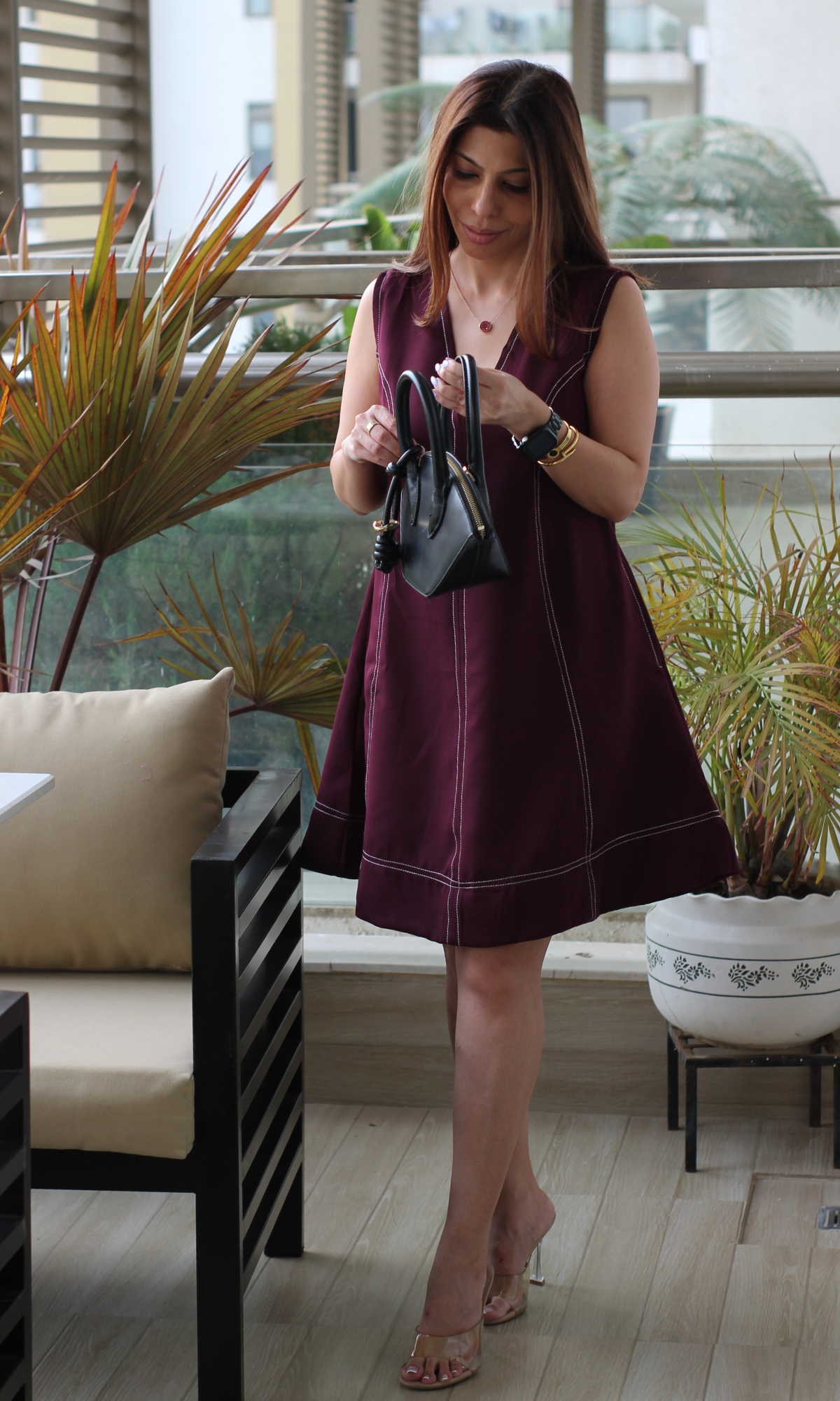 Wine Stitch A-Line Dress