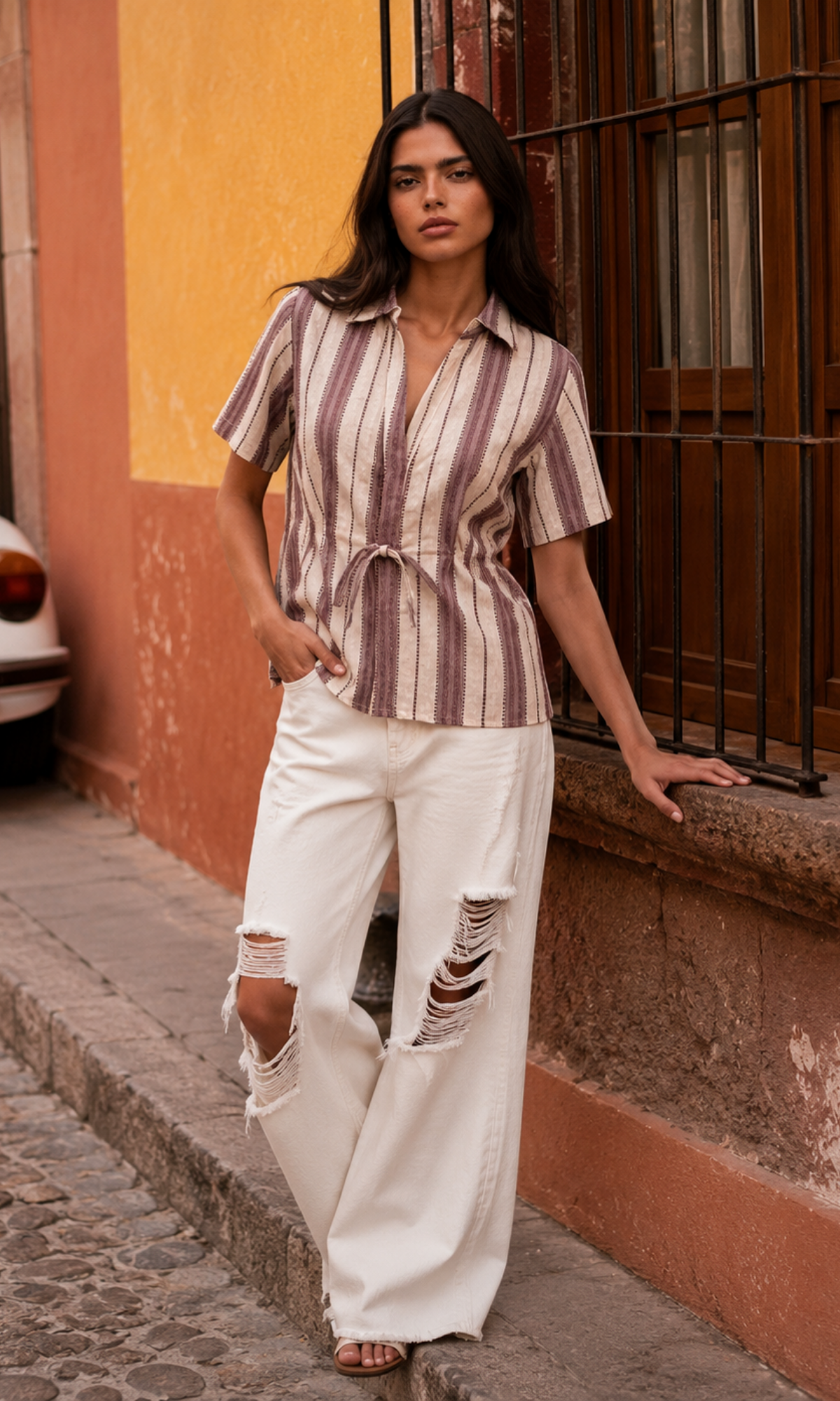 Slate Linen Plaid Drawstring-Waist Top
