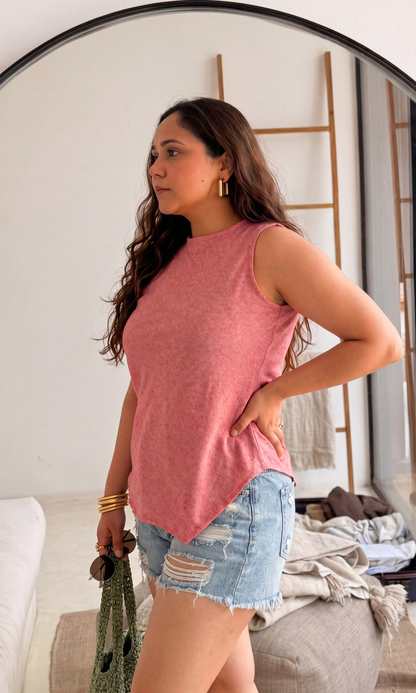 Rose Linen Asymmetric Top