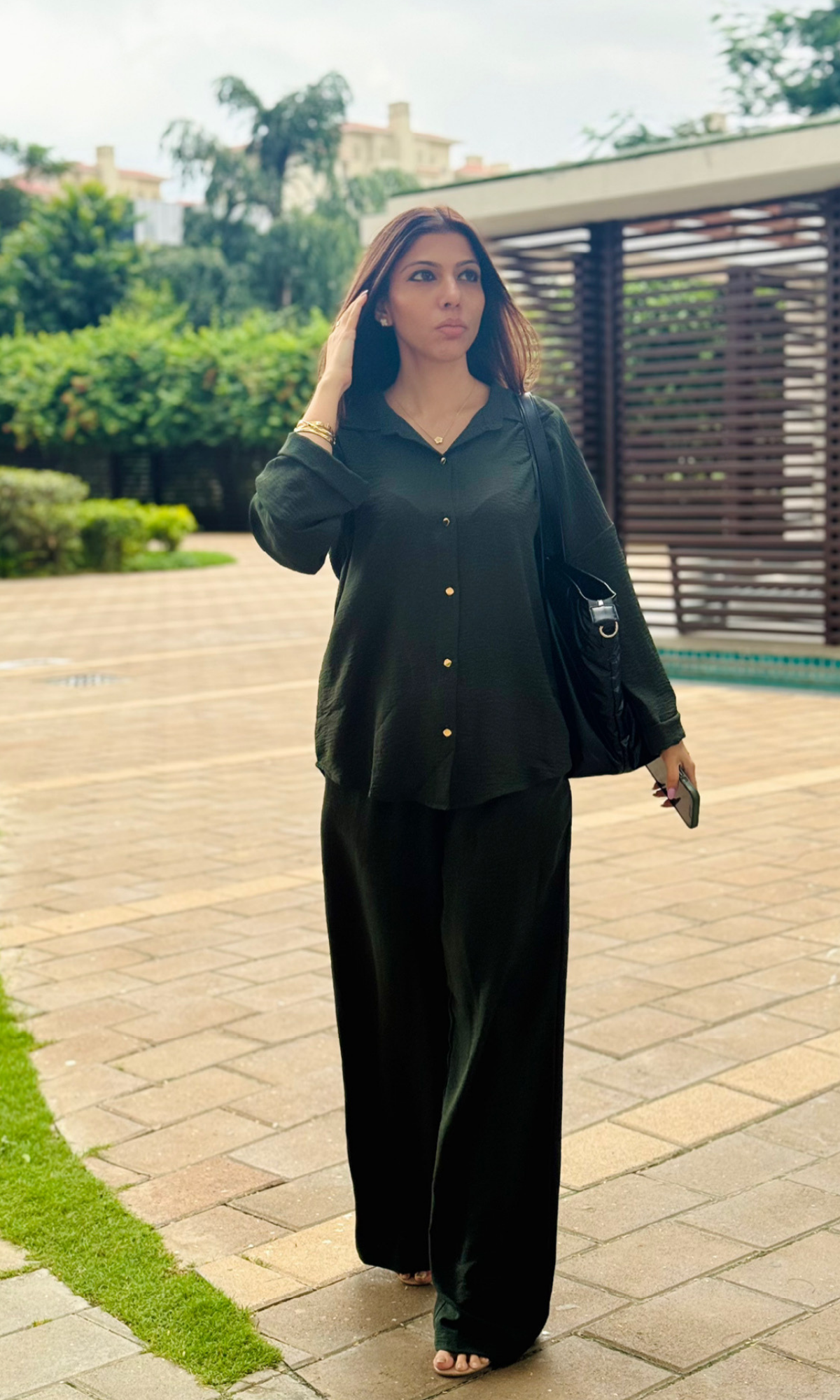 Olive Metallic Buttoned Shirt and Pants Co-ord