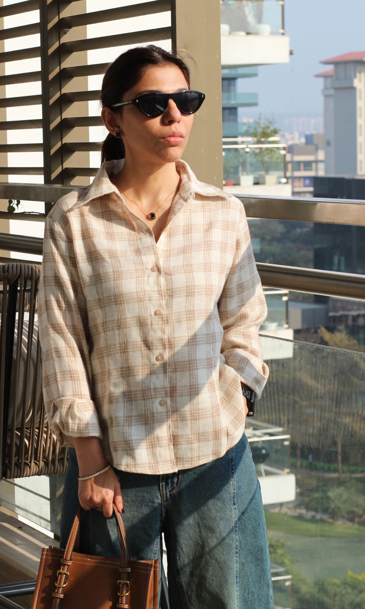 Beige-Cream Checked Peplum Shirt
