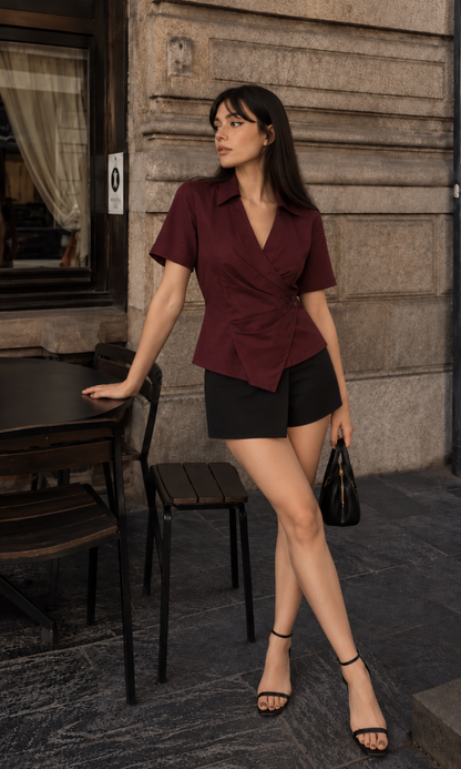 Berry Short-Sleeved Wrap Shirt