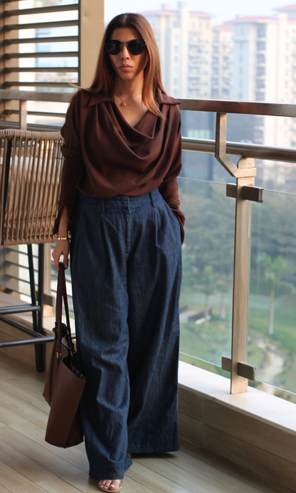 Dark Brown Collared Cowl Neck Top