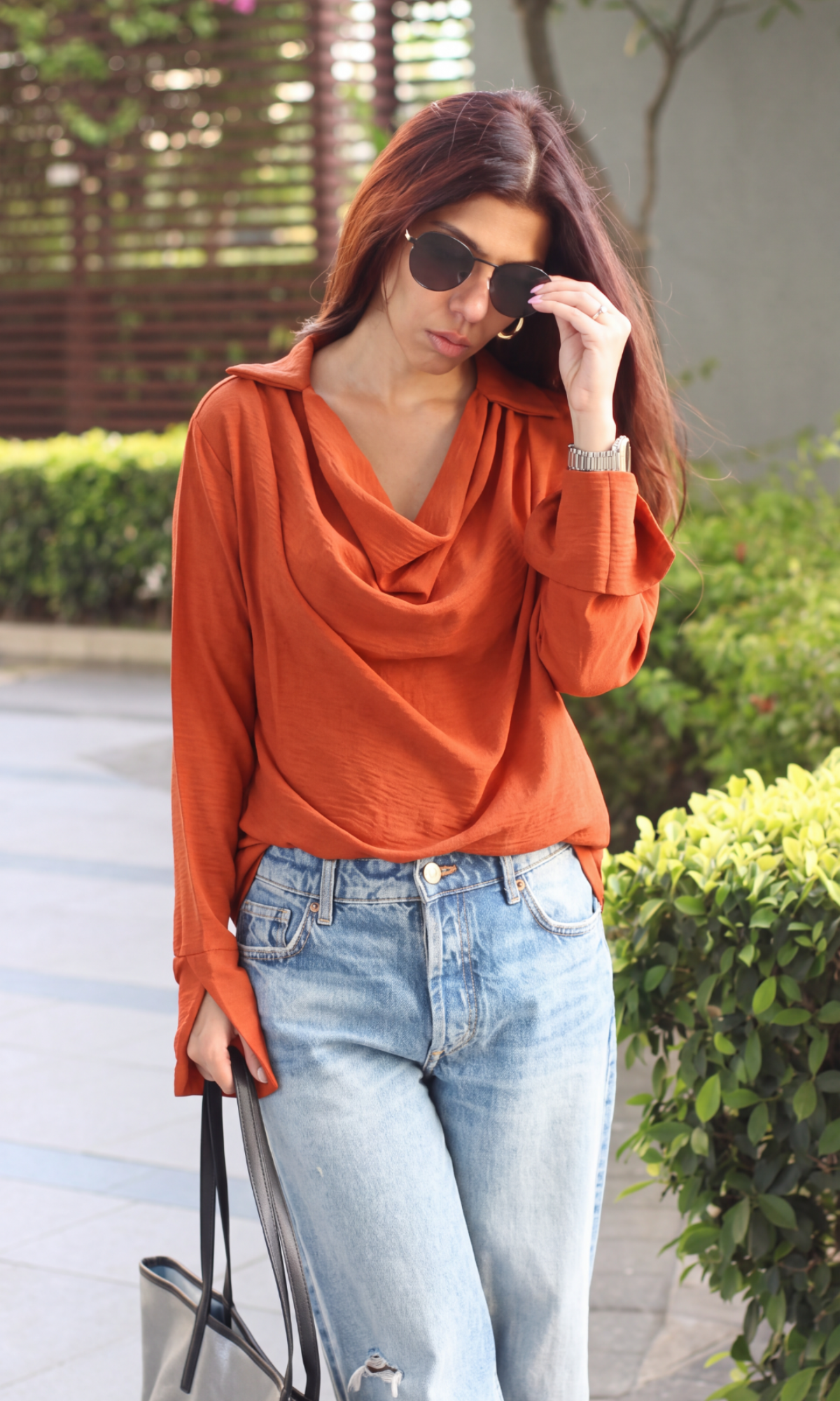 Terracotta Collared Cowl-Neck Top