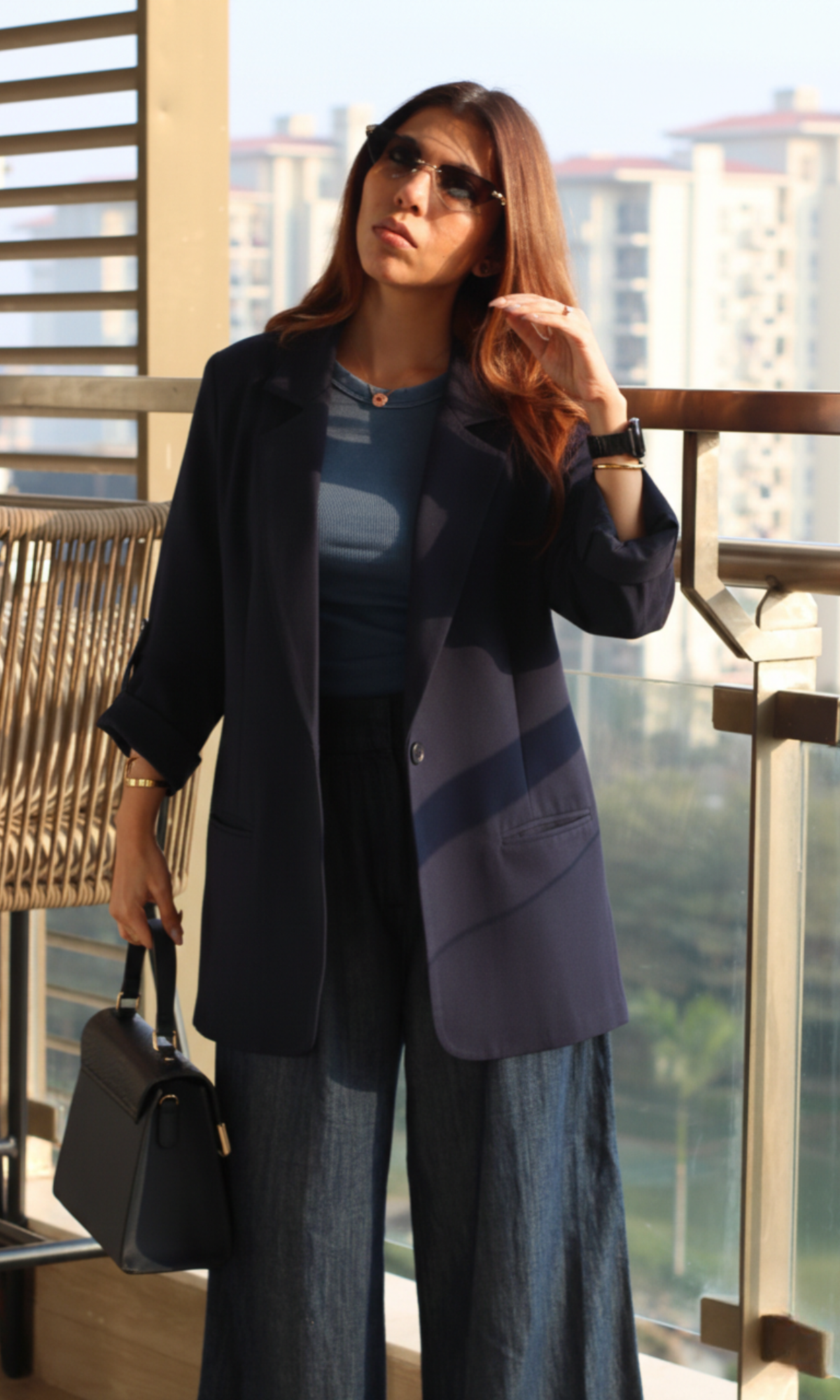 Navy Blue Rolled-Up Sleeve Blazer Jacket