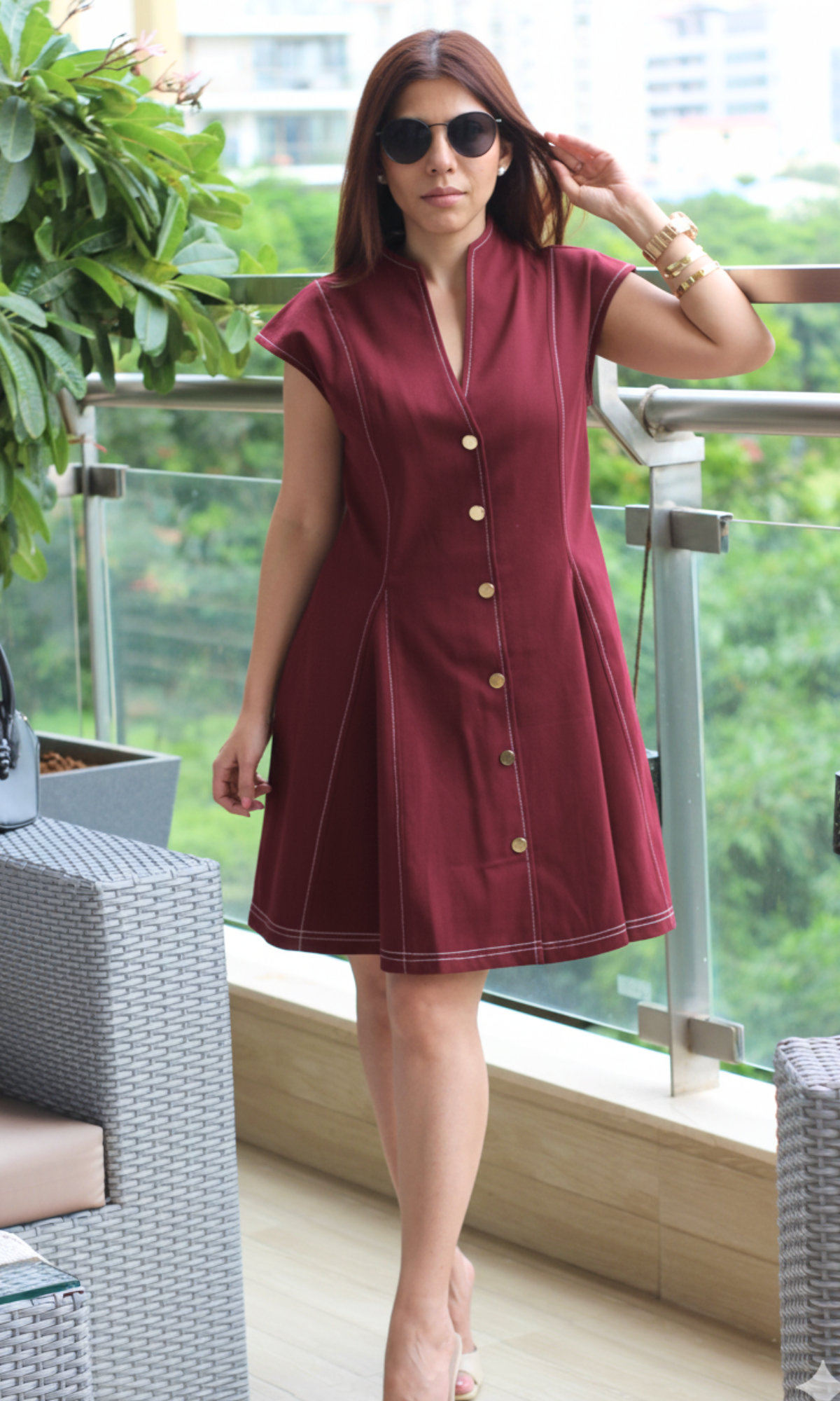 Merlot Thread Detail Metallic Buttoned Dress