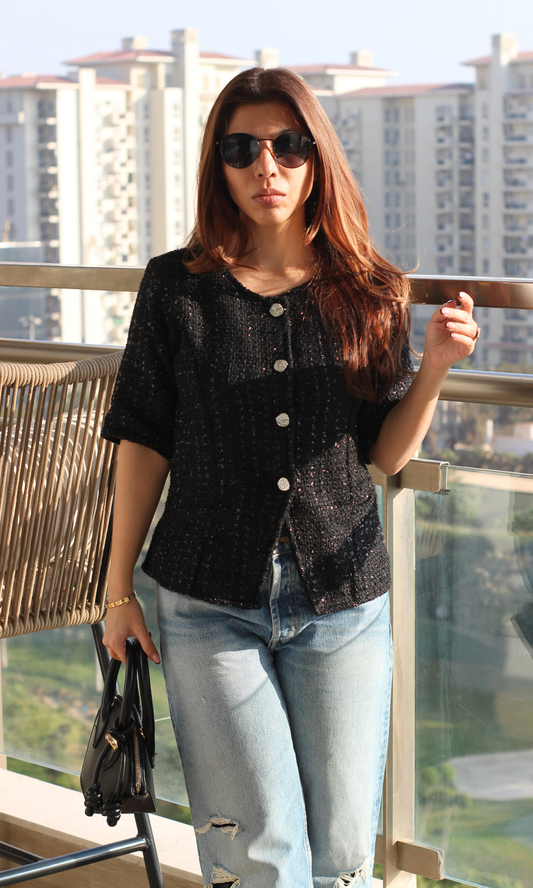 Black-Silver Tweed Round Neck Waist Coat