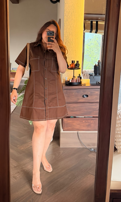 Mocha Sleeved Thread Detail Dress