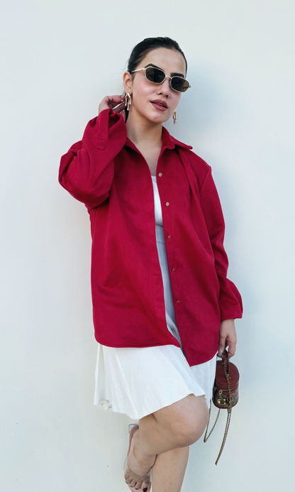 Red Suede Metallic Buttoned Shirt