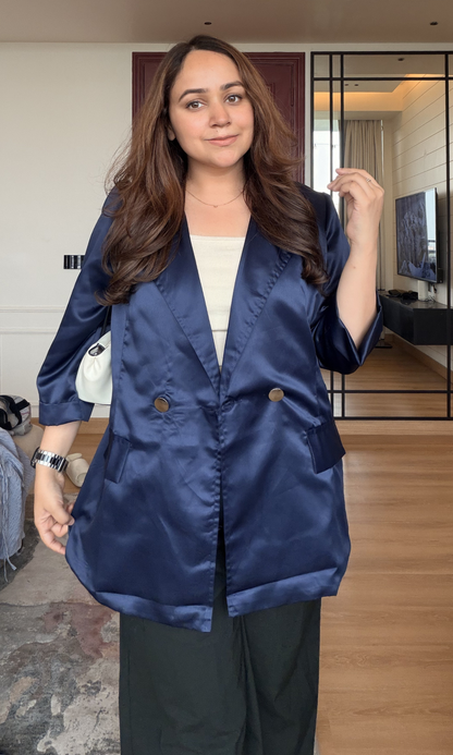Navy Satin Double-Breasted Blazer