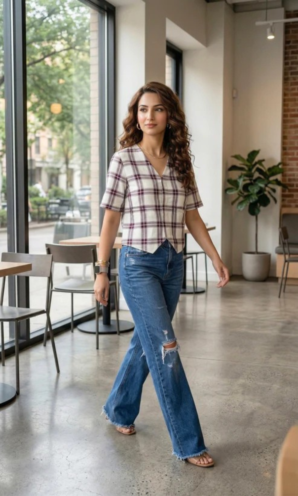 Plum Grid Sleeved Waist Coat