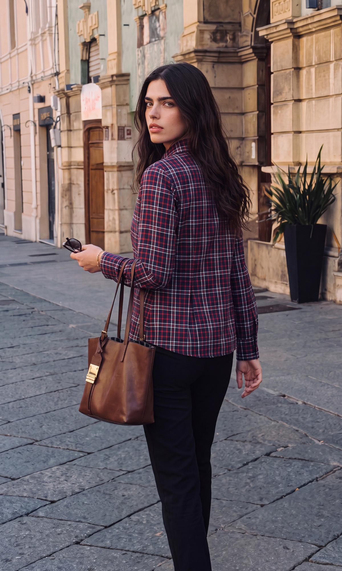Red Tartan Peplum Pleated Shirt
