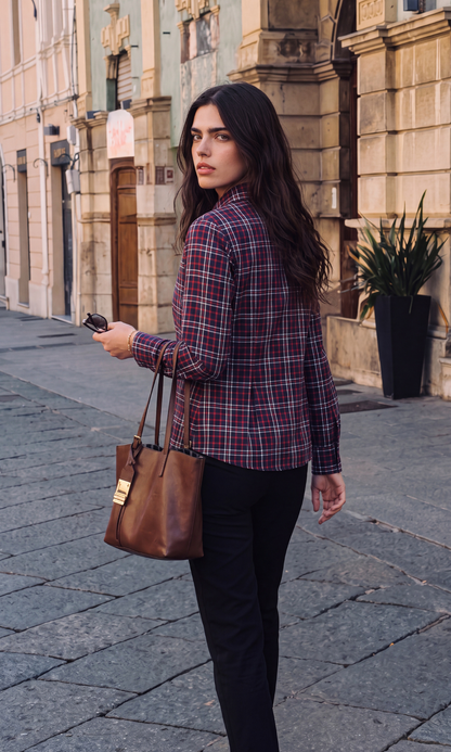 Red Tartan Peplum Pleated Shirt
