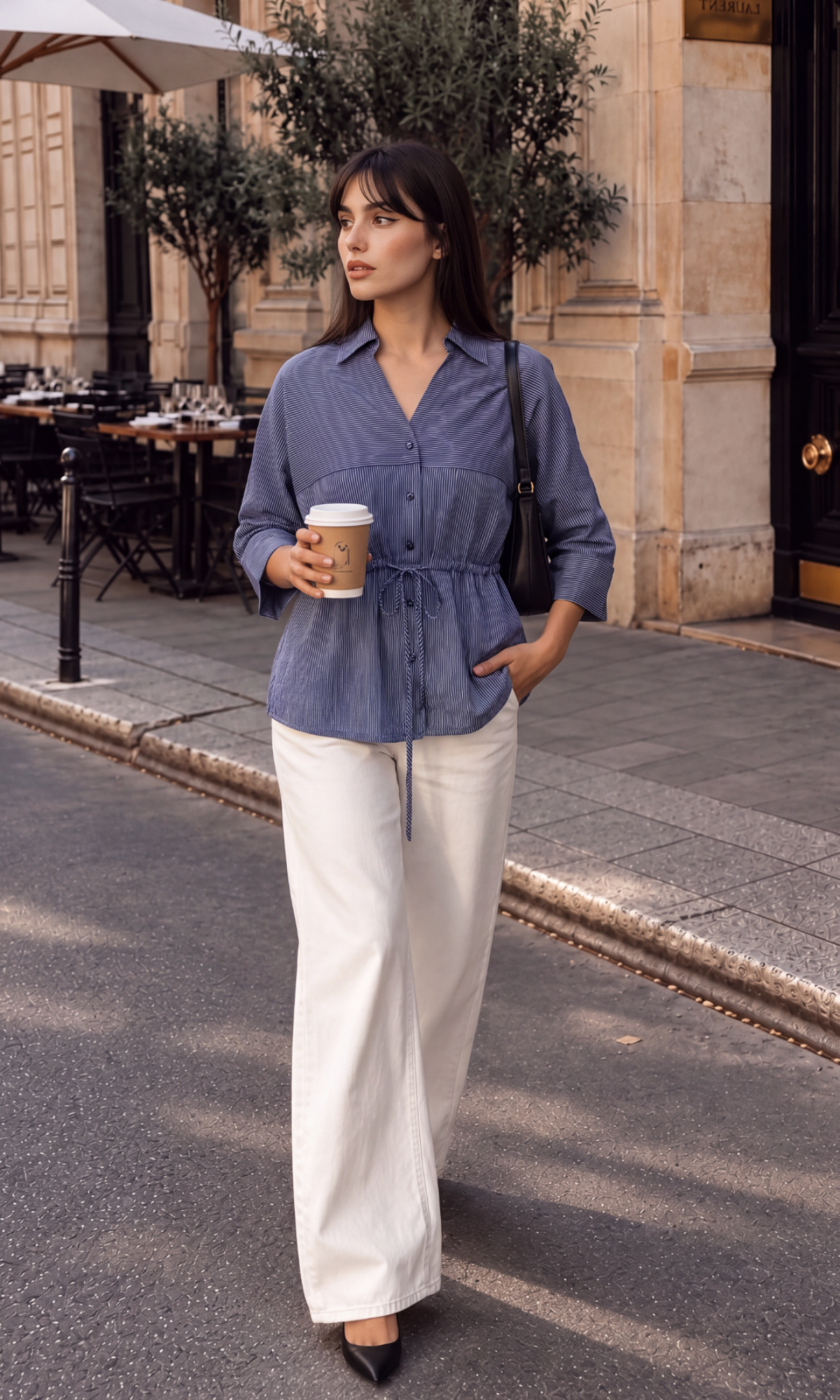 Cinched-Waist Charcoal Stripe Shirt