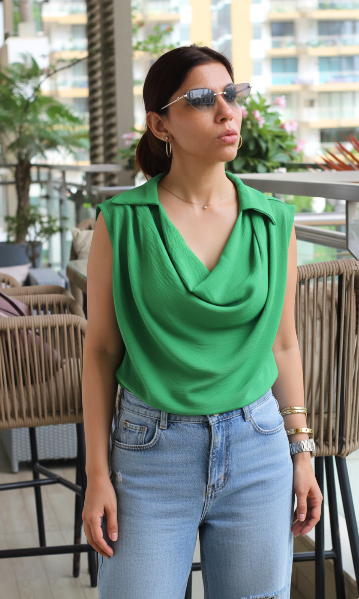 Hot Green Collared Cowl Neck Top