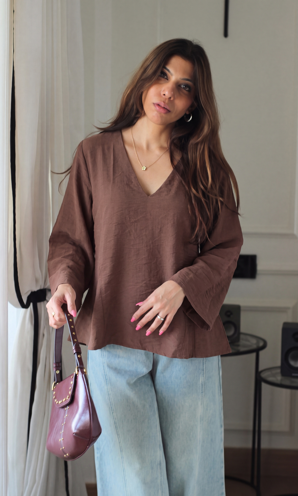 Warm Grey V-Neck Peplum Top