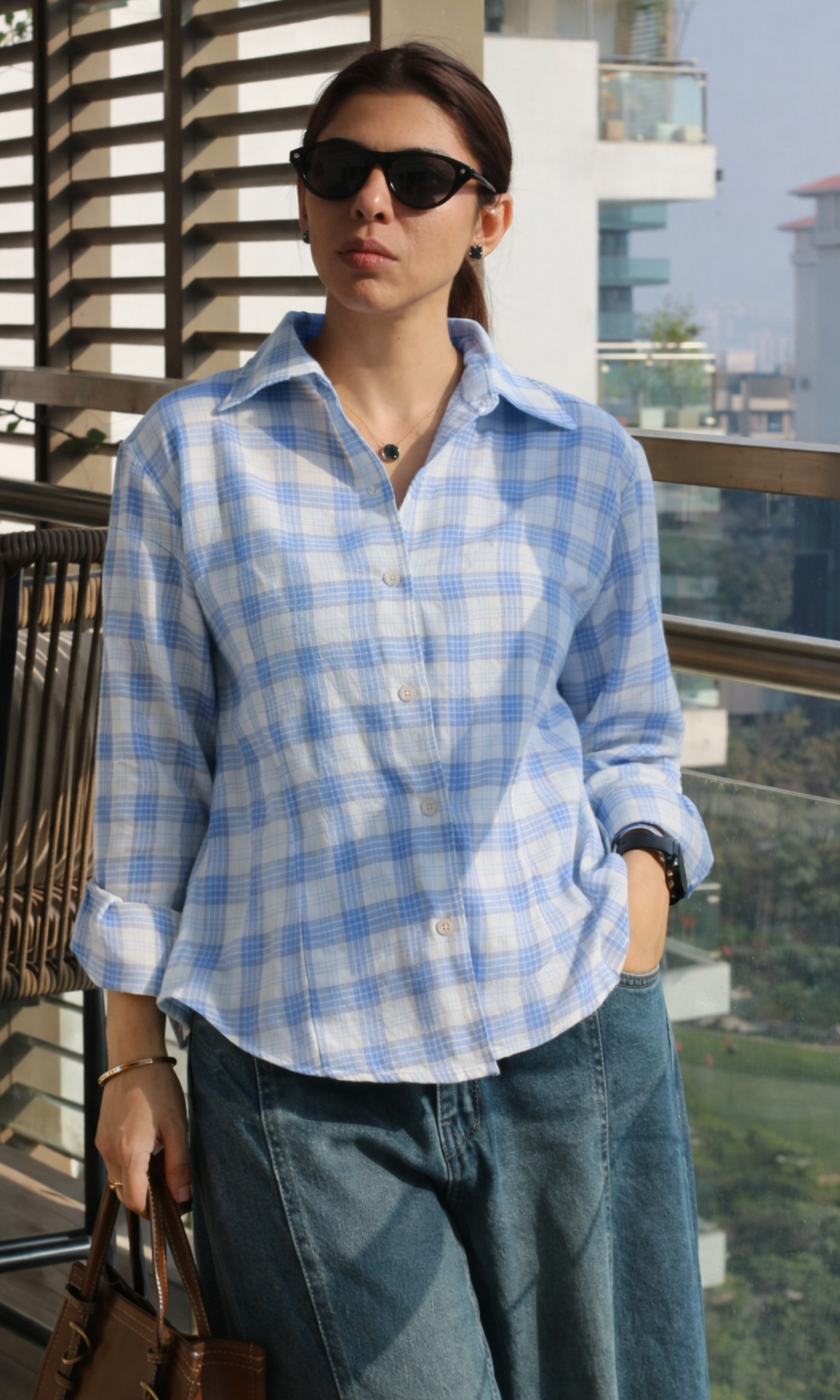 Blue-Beige Checked Peplum Shirt