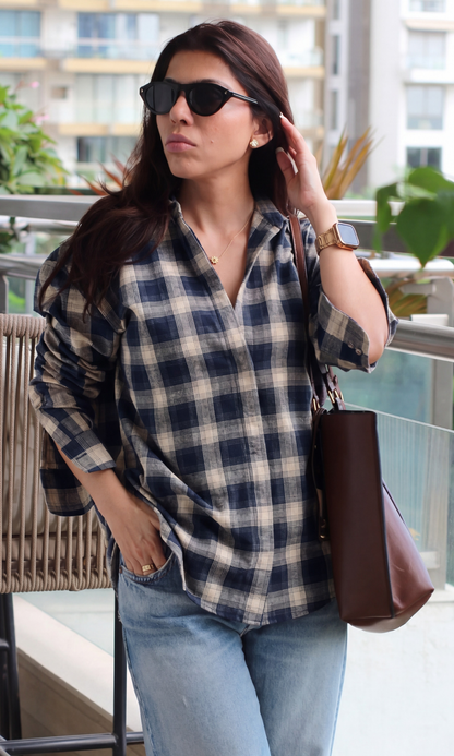 Beige-Blue Check Plaid Shirt