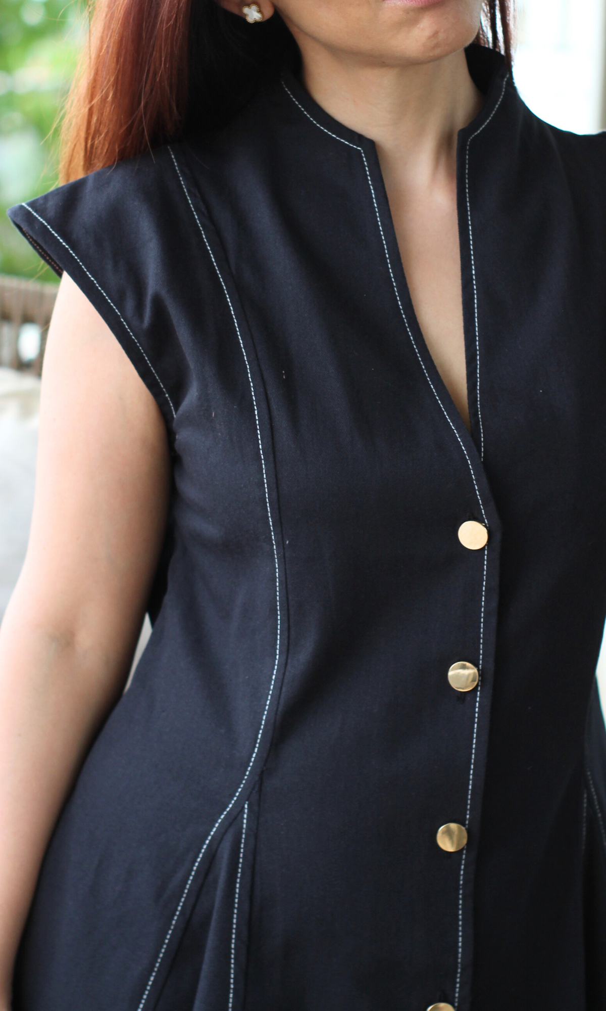 Black Thread Detail Metallic Buttoned Dress