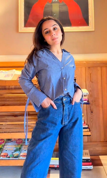 Blue Dobby String Detail Cotton Shirt